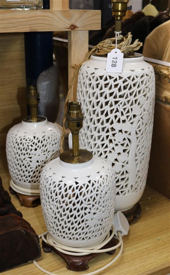 Three white Oriental style table lamps